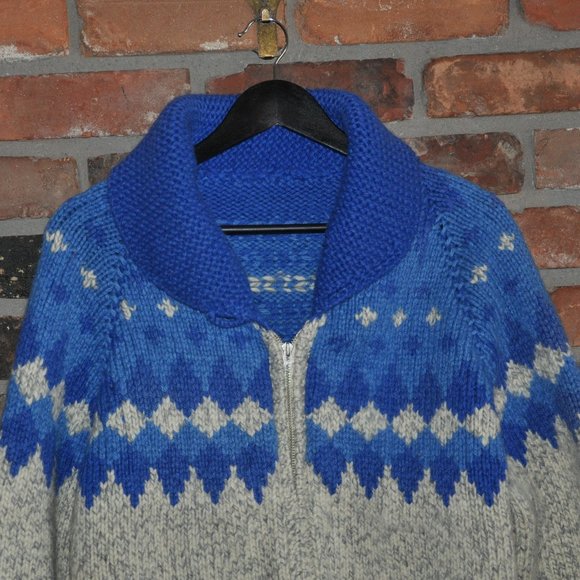 80s Blue & Grey Gray 100% WOOL KNIT Zip-Up Heavy Cardigan Sweater Apres Ski L - Picture 3 of 5